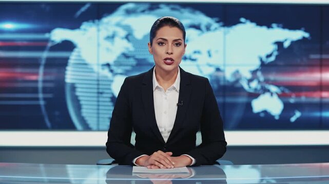 Female news anchor reporting live from a broadcast tv studio