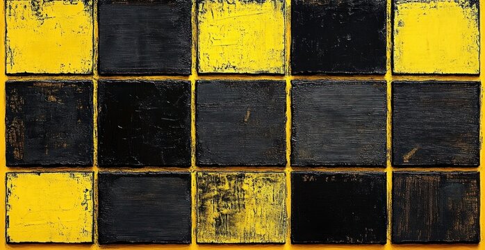twenty distressed painted squares in a 4x5 grid alternating yellow and black with rough impasto brushstrokes, worn edges and bold high-contrast geometric pattern conveying a gritty energetic mood