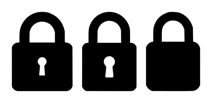 Data encryption padlock set with solid black icon on white background featuring lock, security, encryption with symbol and outline