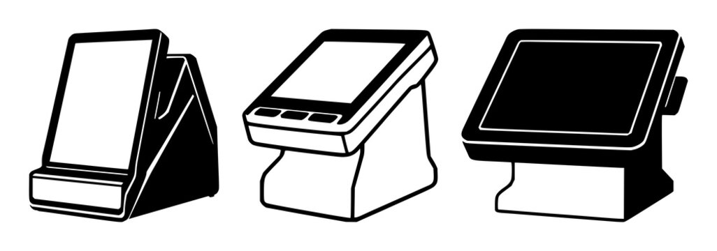 POS terminal icon set with simple solid black graphic on white background featuring point of sale, payment system, retail technology with terminal and icon