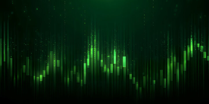 Abstract green financial data analysis displaying business market fluctuations as candlestick charts and binary code background concept of trading exchange success.