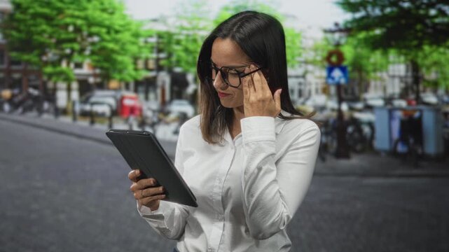 Woman in white shirt holding a tablet with one hand and touching glasses at her temple while reading on a street; concentration study.