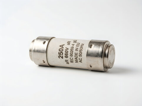 Close-up industrial fuse holder rated 250A 660V with IEC 80269-3-1 certification details on neutral white studio backdrop