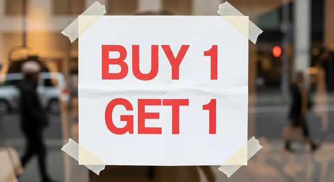 Buy 1 Get 1 promotion sign taped on a shop window with pedestrian reflection