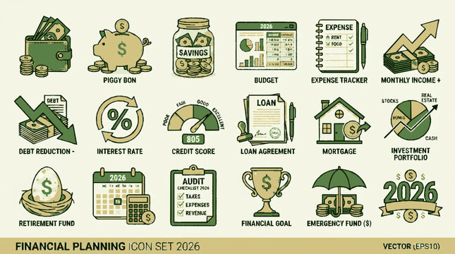 Financial planning icon set with budget savings loans investment and expense tracking symbols in green and gold tones