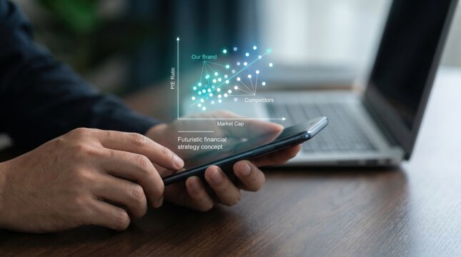 Financial Market Analysis and Competitive Benchmarking Concept: Smartphone with Holographic Scatter Plot Comparing Brand Valuation, P/E Ratio, and Market Capitalization