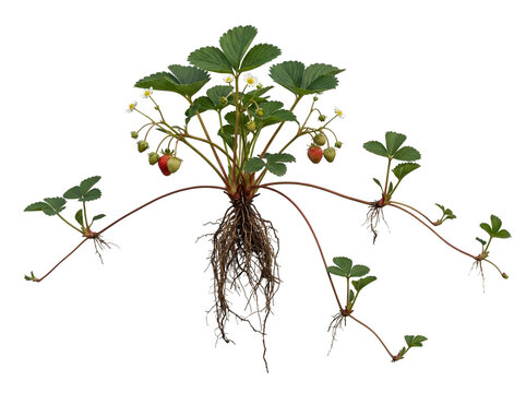 Isolated strawberry plant with long runners and roots for botanical propagation studies