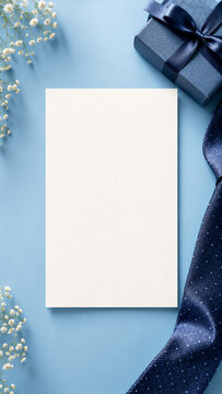Blank Fathers Day card with tie and gift on blue background