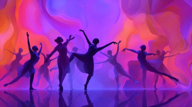 Silhouettes of ballet dancers in various poses against a colorful abstract backdrop, creating a dynamic visual effect with reflections on the surface
