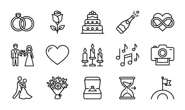 Wedding Icons Vector Set: Rings, Cake, Couple, Flowers, Champagne, Infinity Heart, Camera