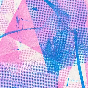 Abstract pop art grunge background with pink and blue halftone dots, retro geometric shapes and distressed paper texture