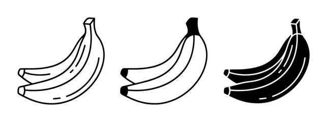 Fototapeta premium Banana Icons Set, Simple Line Art and Solid Black Vector Graphics for Healthy Food Concepts