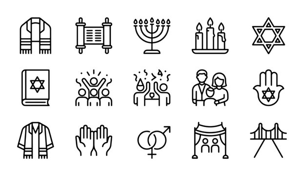 Jewish Holiday Icons: Menorah, Torah, Star of David, Hamsa, Tallit, Chuppah, Celebration