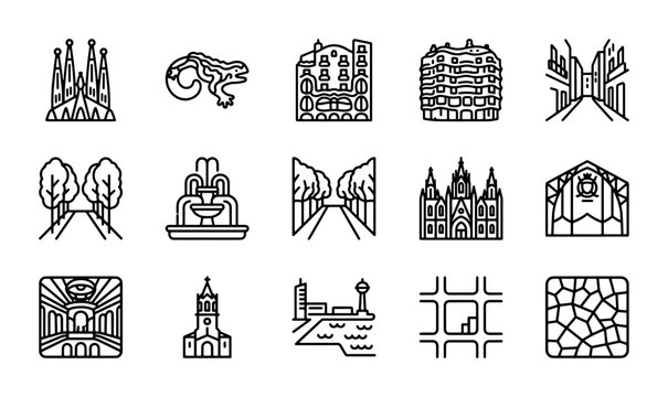 Barcelona Landmark Icons: Sagrada Familia, Dragon, Architecture, Cityscape, Vector Set