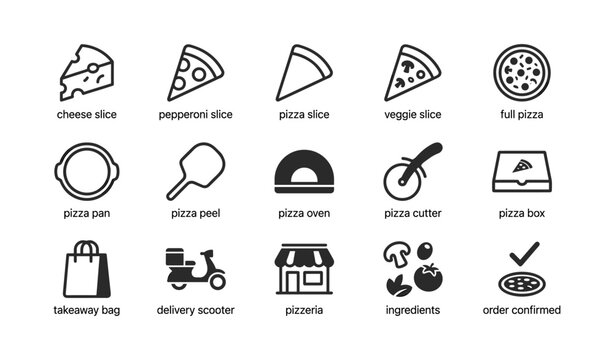 Pizza and delivery icons representing slices, tools, and ordering