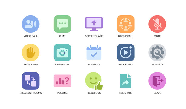 Video conferencing icons showing meeting controls on white background