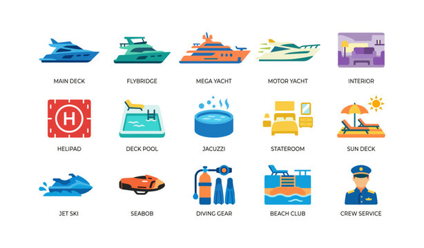 Yacht amenities and water sports icons arranged in grid