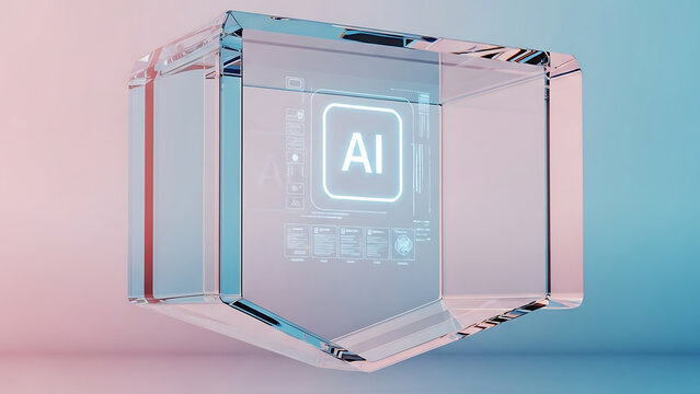 A futuristic glass cube with AI technology on a colorful gradient background displays innovation.