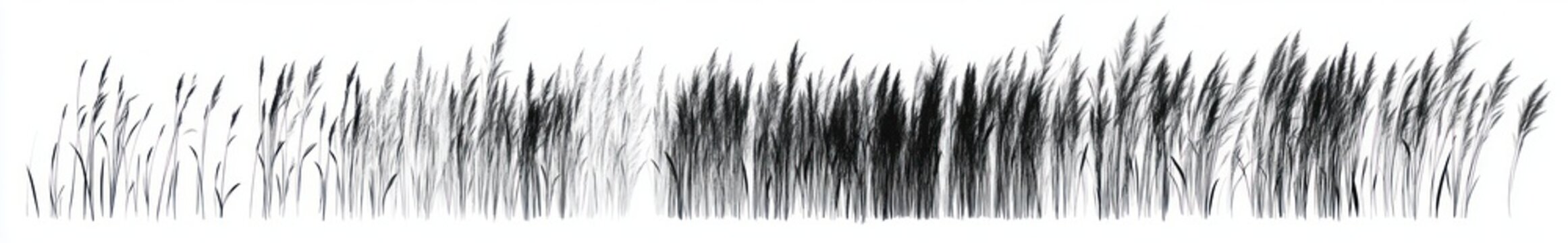 Panoramic row of tall wild grasses and reeds in black silhouette with feathery seed heads on a white background, conveying calm, airy serenity and gentle movement