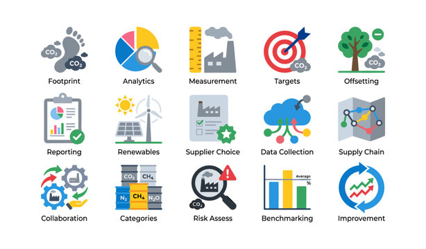 Sustainability icons illustrating carbon management concepts on grid
