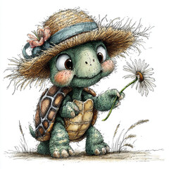 Fototapeta premium Cute hand-drawn baby turtle wearing a straw hat and holding a daisy flower illustration on a white background, charming style.