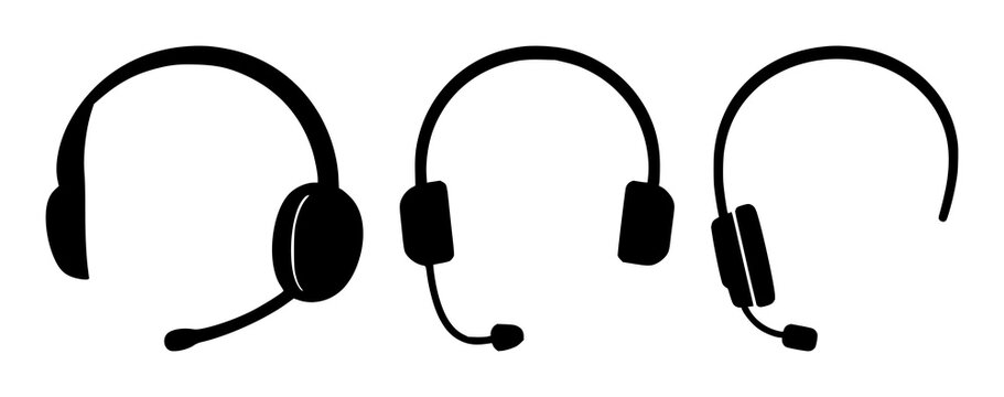 Customer support headset set with solid black icon on white background featuring 24/7 service, minimalist silhouette, telecommunications with headset and help