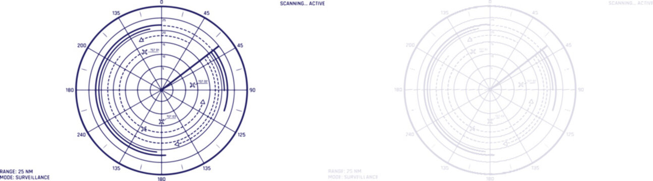 Radar Screen Interface with Circular Grid and Scanning Line on White Background