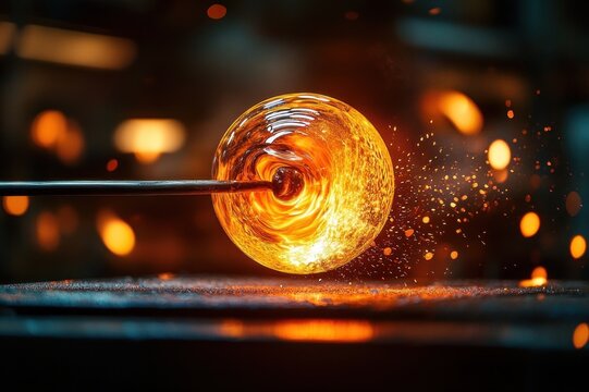 glowing molten glass sphere on a blowpipe being shaped on a metal surface with sparks flying in a fiery workshop, conveying intense creative energy