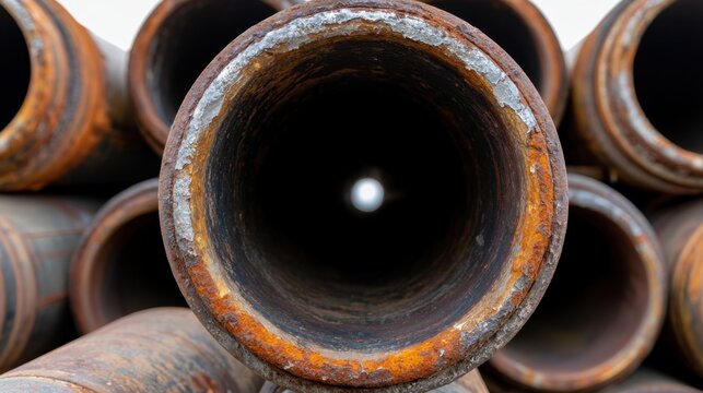 Close-up view inside rusted steel pipe stack showing detailed texture and corrosion in industrial construction material with layered metal surface and dark hollow opening