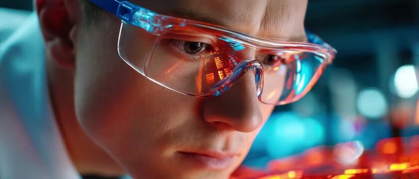 Scientist's Focused Gaze: A close-up shot of a scientist wearing protective eyewear, immersed in concentrated focus, as they peer into the intricate world of scientific exploration. 