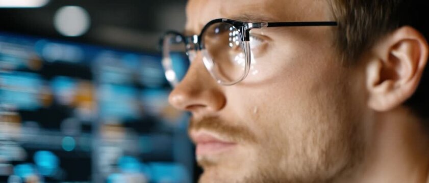Focused Analyst: A close-up profile of a focused analyst, his gaze is fixed on the data stream, reflecting deep concentration and expertise.