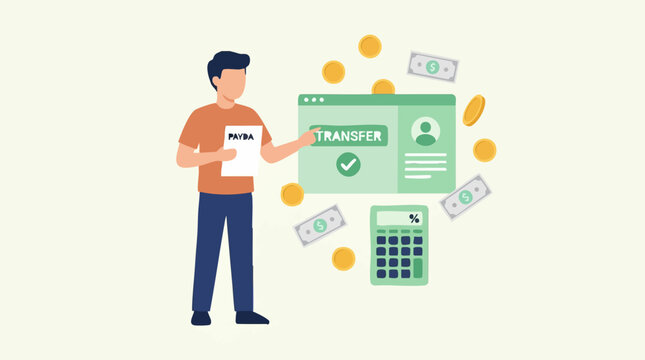 Online money transfer concept with man, payday, and digital banking