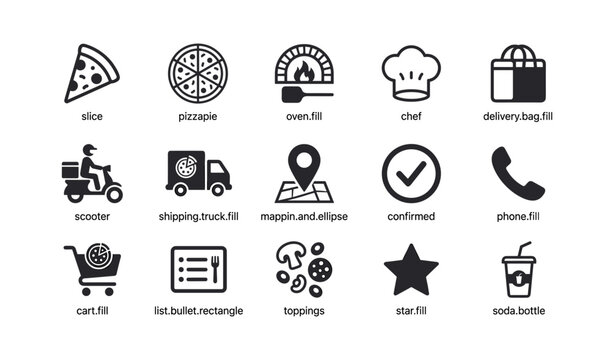 Pizza delivery and ordering icons with food and contact symbols