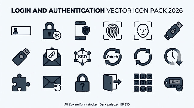 Dark vector icons for login and authentication systems featuring locks keys fingerprints sso puzzle pieces and security elements