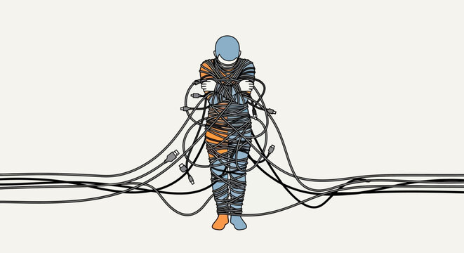 Person covered in messy electric wires.