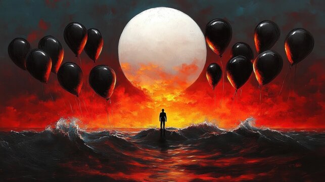 solitary figure standing on turbulent dark sea beneath a giant pale moon and fiery red sky, surrounded by floating black balloons, haunting and contemplative