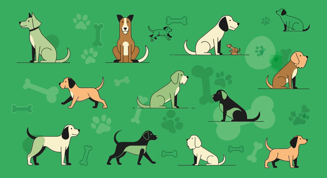 An illustration of dogs sitting and standing on a green background with bones and paw prints.
