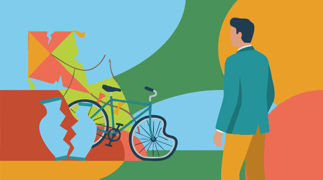 Illustration of man observing broken kite, damaged bicycle, and shattered vase