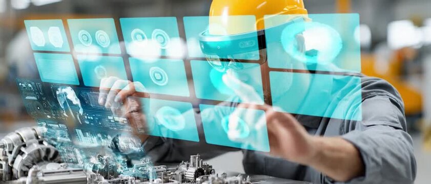 Engineering the Future: A skilled engineer, helmet firmly in place, interacts with a holographic interface to analyze machinery, symbolizing technological advancement and precision.