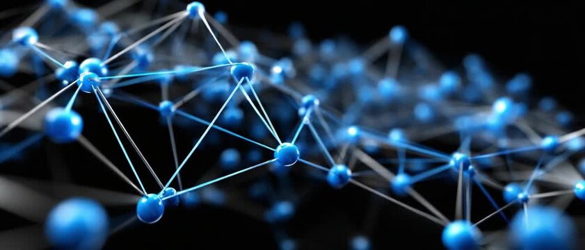 Abstract Connectivity: A mesmerizing network of interconnected spheres floats in a dark abyss, symbolizing the complex web of science and technology.