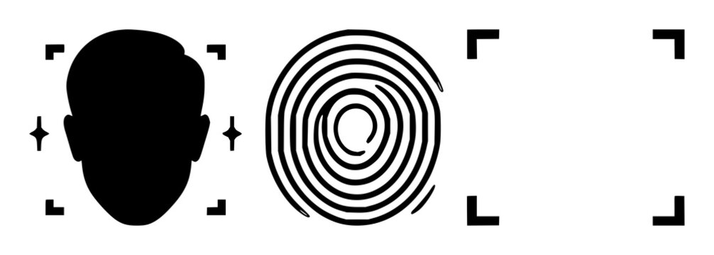 Facial recognition icon set with clean solid black lines against white background featuring biometric, scan, iconography with security and surveillance