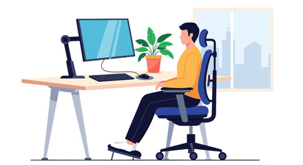 Fototapeta premium Man Working at Desk with Ergonomic Chair and Computer