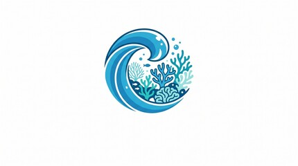 Obraz premium A blue wave crashes against coral reef with seaweed and a fish swimming nearby in the ocean.