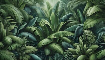 Fototapeta premium Fresh Exotic Tropical Jungle Leaf Wallpaper Mural Design Green Botanical Banana Leaves Background Menu Flowers Watercolor Summer Cards Posters Banners Placards Cafe Coffee Shop Hawaii Bar Restaurant
