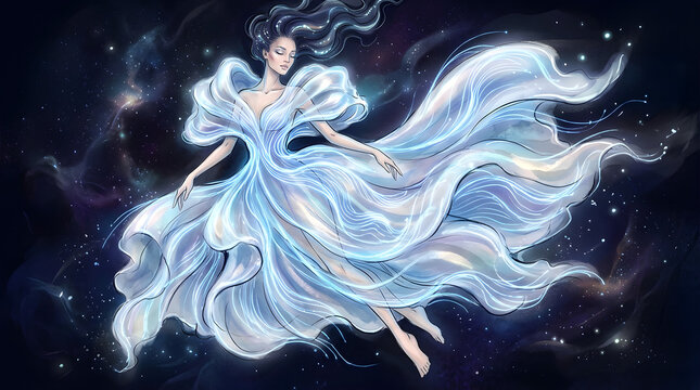 "Fashion illustration of a futuristic garment made of translucent, cloud-like material. The dress has embedded fiber optics that pulse with slow, soft blue light resembling brain waves. 