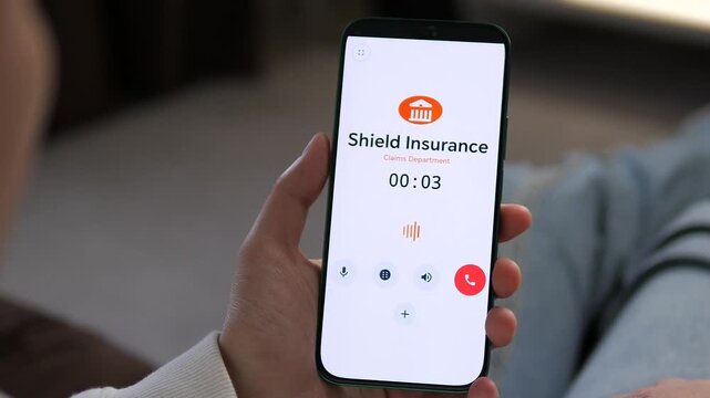 Modern resident contacting insurance services from home using a mobile app. Professional sequence showing call initiation to the claims department. Great for corporate real estate and facility