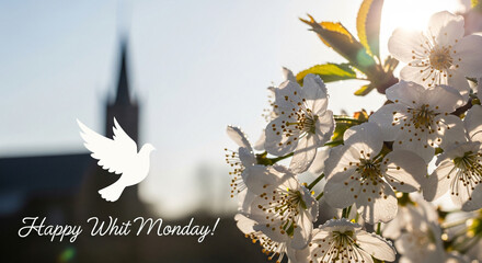 Happy Whit Monday Celebration Greeting with White Dove Silhouette and Spring Cherry Blossoms in Front of a Blurred Church Steeple - Religious Holiday Concept