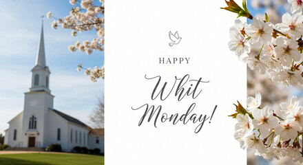 Traditional White Church with Tall Steeple and Spring Cherry Blossoms Celebrating Happy Whit Monday - Religious Holiday Greeting Card with Dove and Flowers