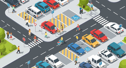 Isometric parking lot scene with cars, people, crosswalk, and accessible parking. © Andi