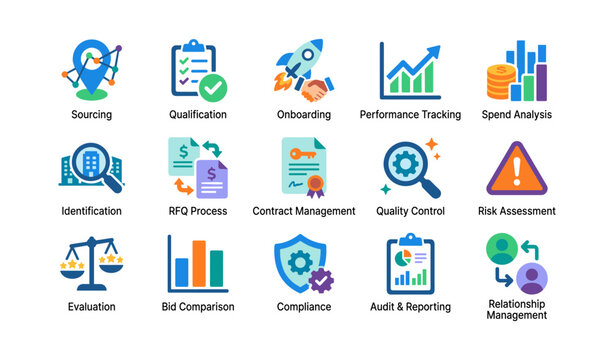 Procurement icons showing supplier lifecycle stages on white
